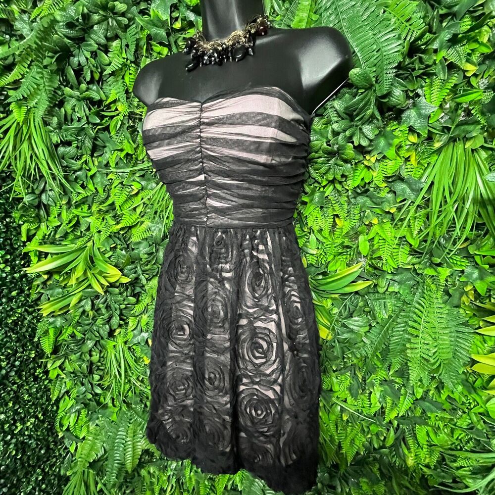 Y2K Women Dress Size 3 Black Tulle Pink Lined Strapless Bubble Hem‎ AUW 1099